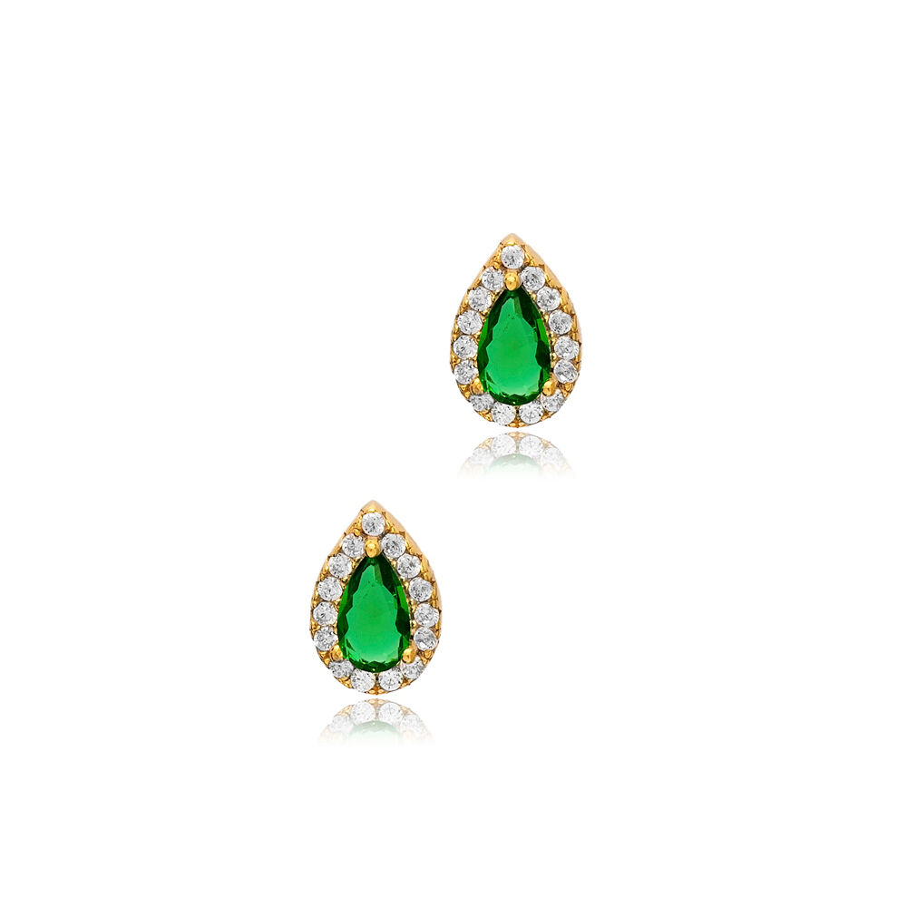 Teardrop Shape Emerald Zircon Stone Stud Earrings Turkish Handcrafted Wholesale 925 Sterling Silver Jewelry