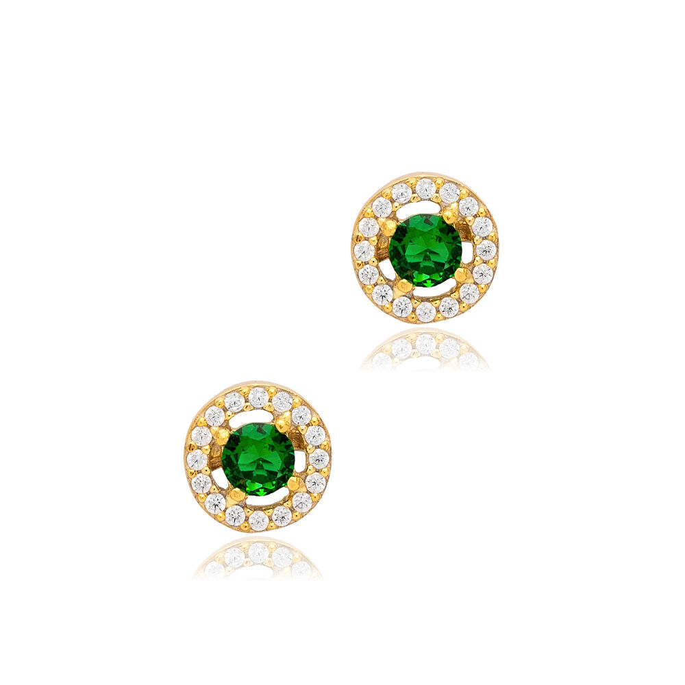 Round Design Emerald CZ Jewelry 925 Silver Stud Earrings