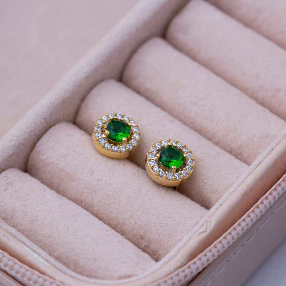 Round Design Emerald CZ Jewelry 925 Silver Stud Earrings