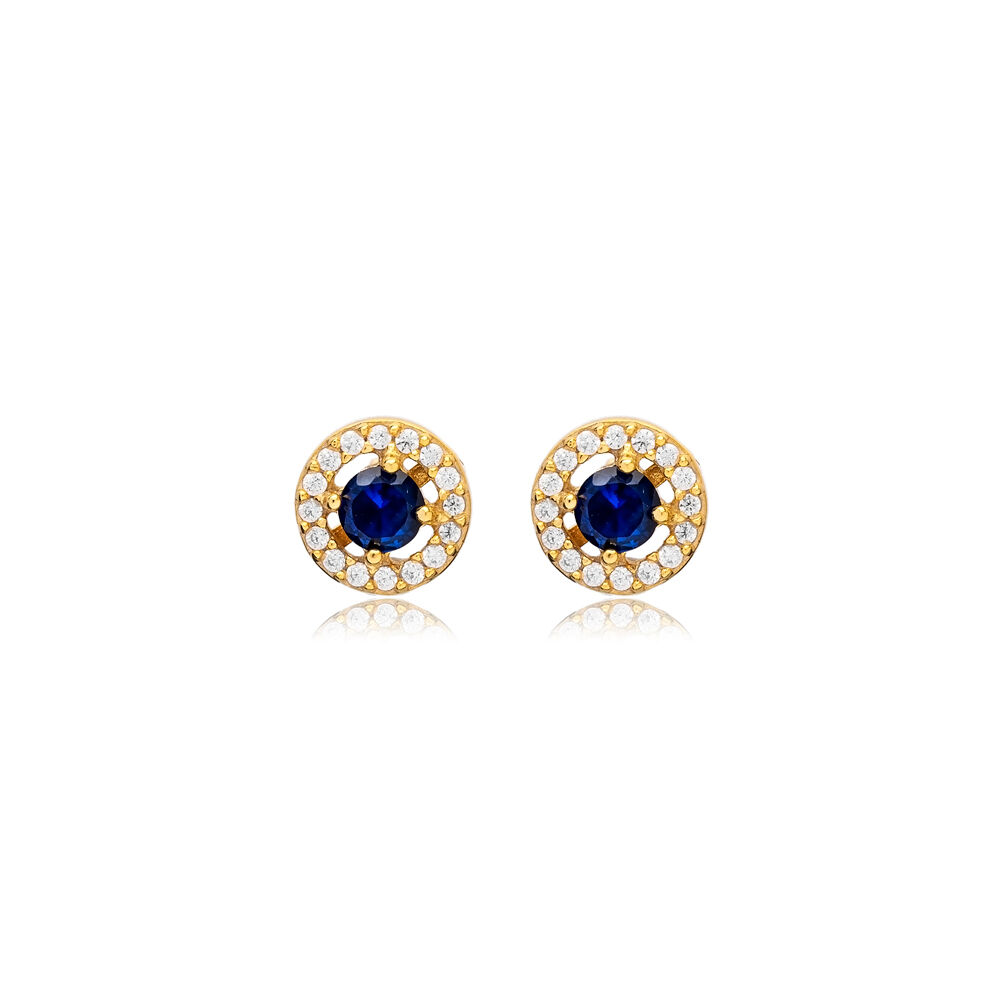 Sapphire CZ Round Design Jewelry 925 Silver Stud Earrings