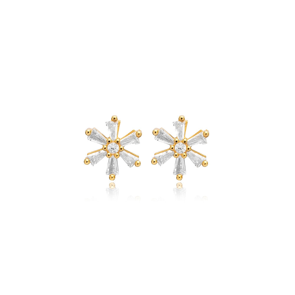 Flower Baguette Silver Stud Earrings Turkish Jewelry