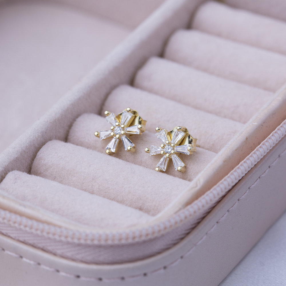 Flower Baguette Silver Stud Earrings Turkish Jewelry