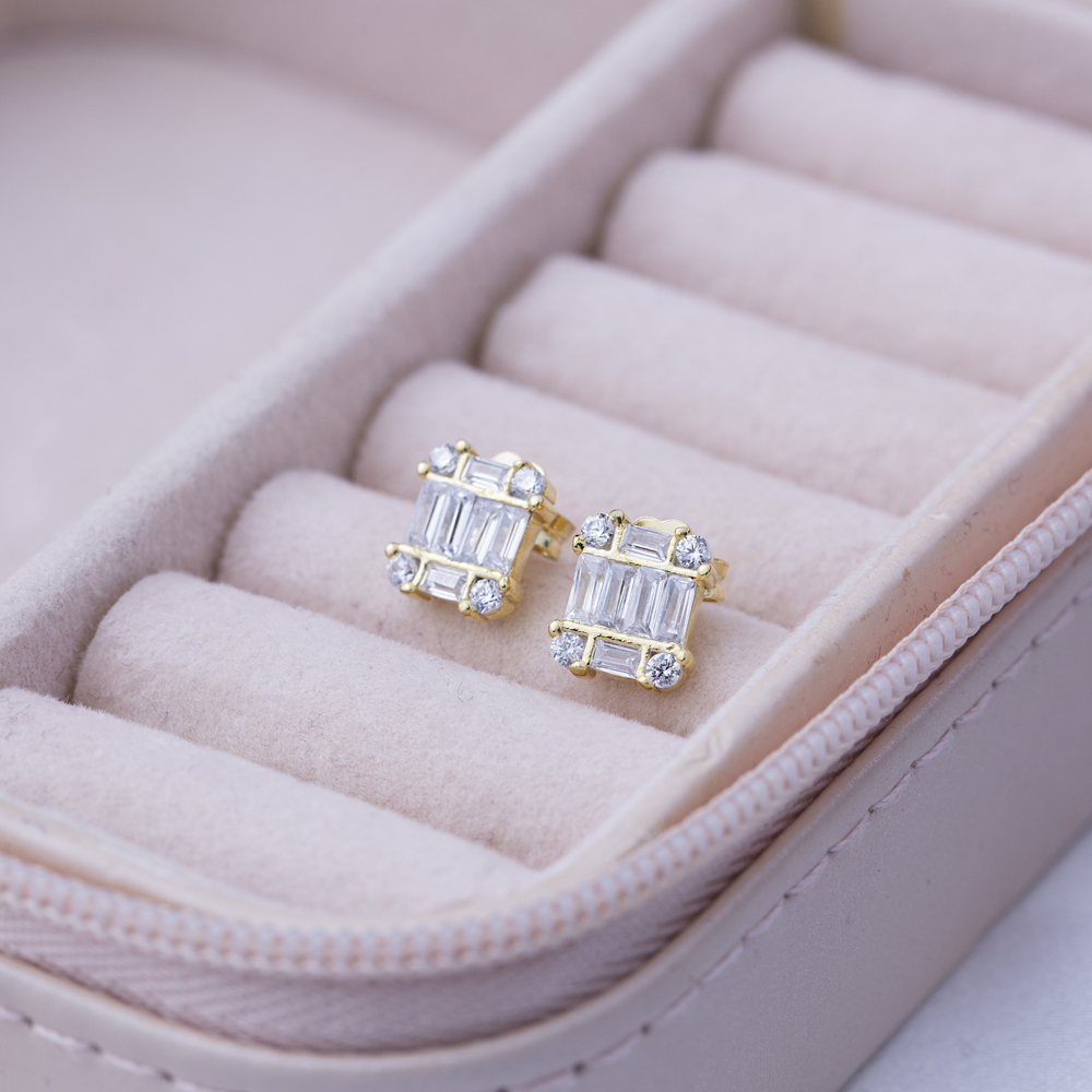 Square Baguette CZ Stone 925 Sterling Silver Stud Earrings