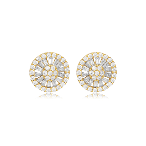 Clear Zircon Baguette Cut Stone Round Shape Fashionable Stud Earrings Turkish Wholesale 925 Sterling Silver Jewelry