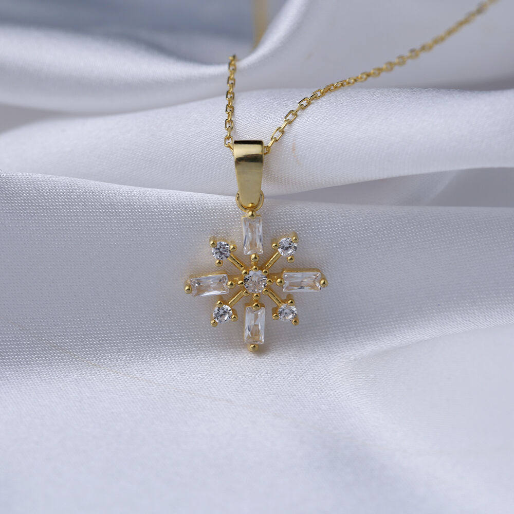 925 Silver Jewelry Flower Necklace Baguette Clear Zircon