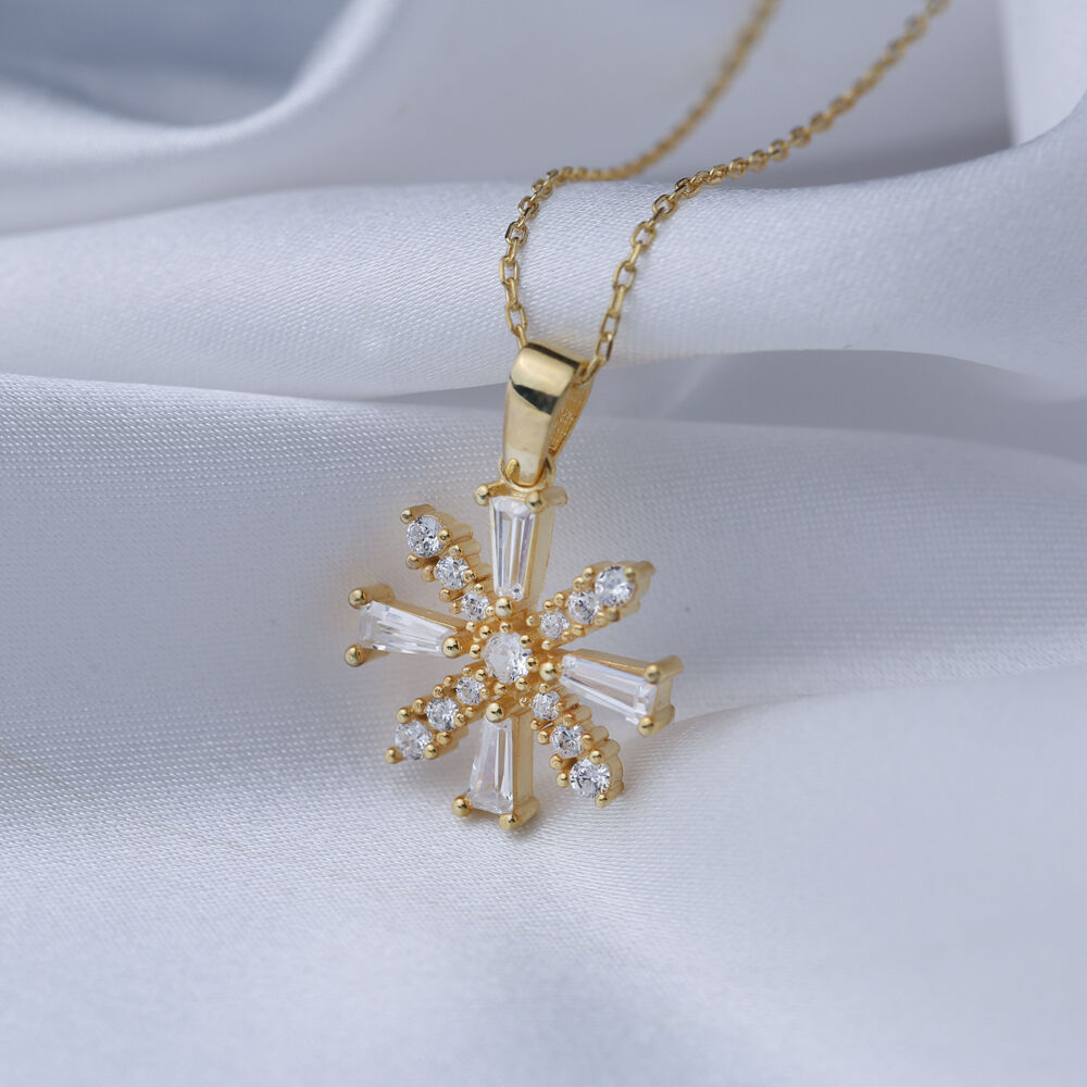 Baguette Clear Zircon Stone  Flower Design Turkish Handmade 925 Sterling Silver Charm Necklace
