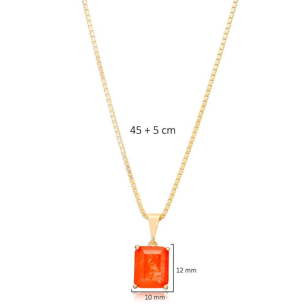 Orange Color Natural Stone Rectangle Design Charm Necklace 925 Sterling Silver Wholesale Jewelry