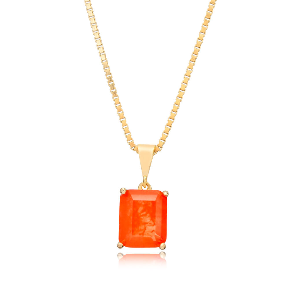 Orange Color Natural Stone Rectangle Design Charm Necklace 925 Sterling Silver Wholesale Jewelry