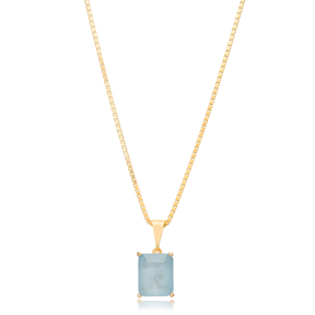 Mint Blue Gemstone Rectangle Design Charm Necklace Turkish Handcrafted 925 Sterling Silver Jewelry