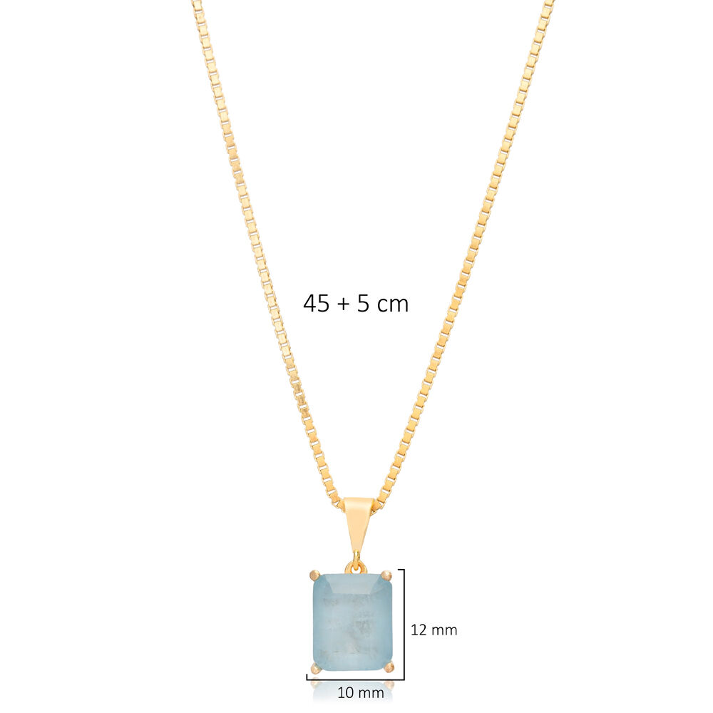Mint Blue Gemstone Rectangle Design Charm Necklace Turkish Handcrafted 925 Sterling Silver Jewelry