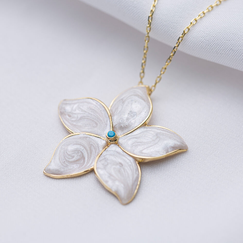 Ø27 mm Star Flower Charm Mother of Pearl Enamel Turquoise Stone Charm Necklace Handmade Wholesale 925 Sterling Silver