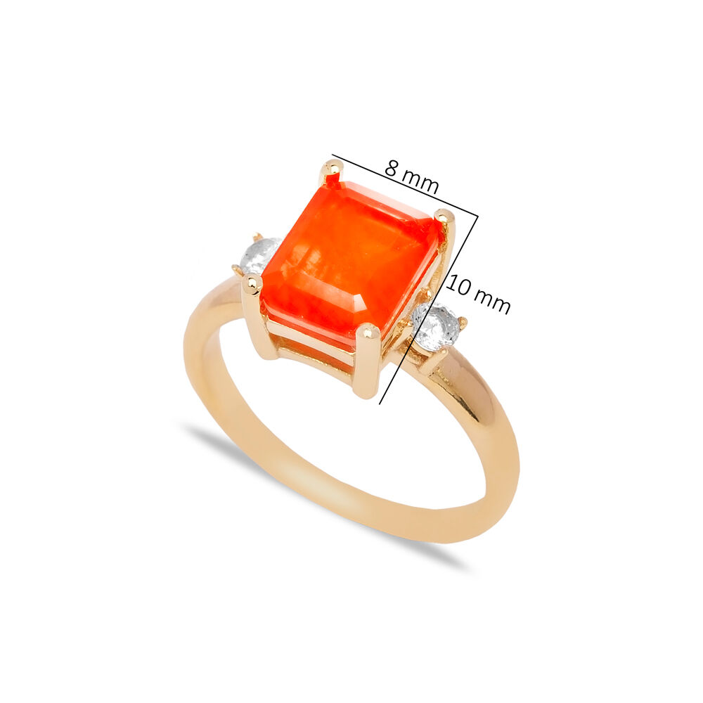 Orange Natural Stone Rectangle Ring 925 Silver Jewelry