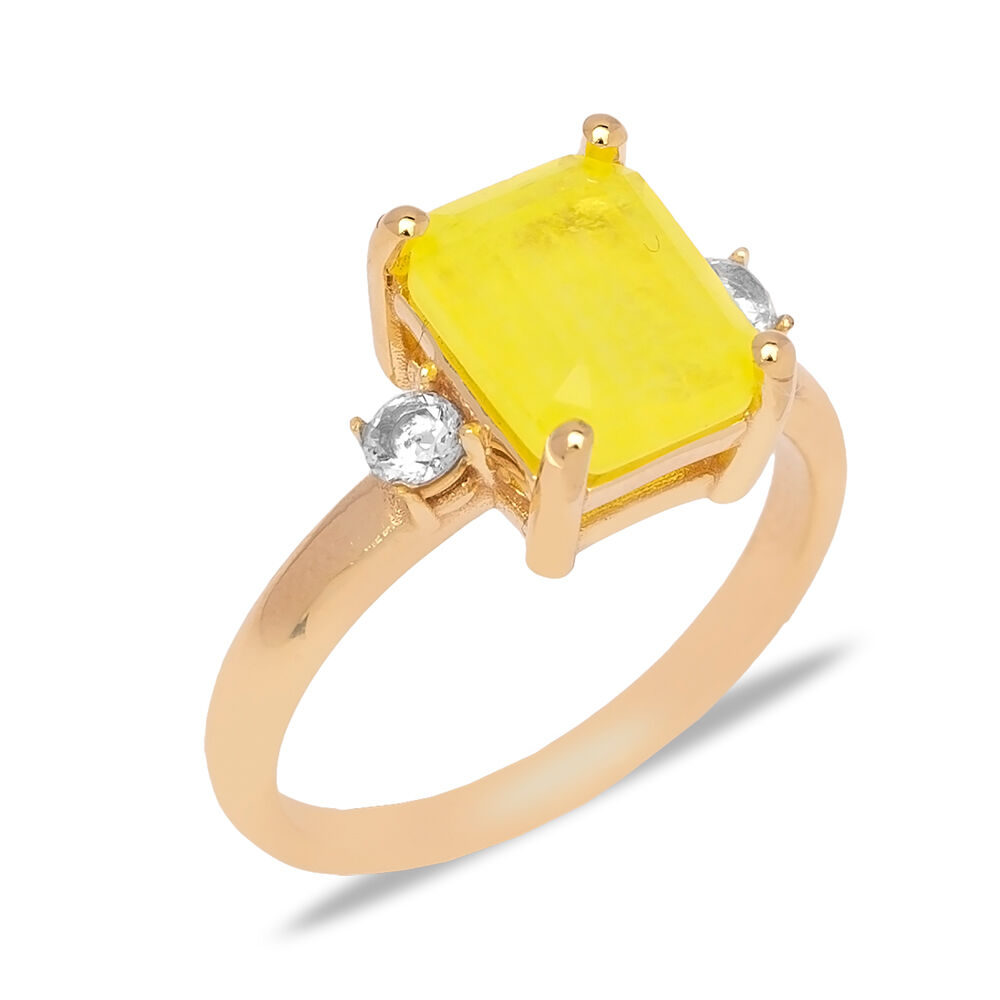 Yellow Natural Stone Ring Rectangle 925 Silver Jewelry