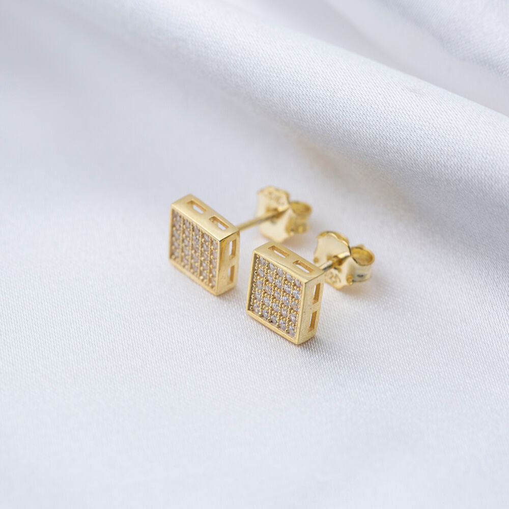 CZ Square Disc Stud Earrings Wholesale 925 Sterling Silver