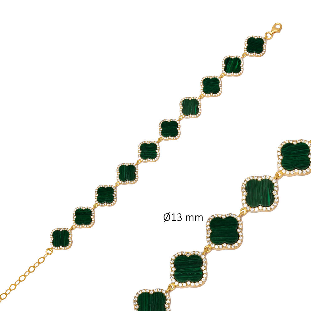 Clover Design Malachite CZ Stone Turkish Handmade Jewelry Wholesale 925 Sterling Silver Bracelet