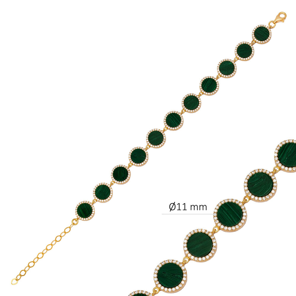 Round Design Malachite CZ Stone Turkish Handmade Jewelry Wholesale 925 Sterling Silver Bracelet