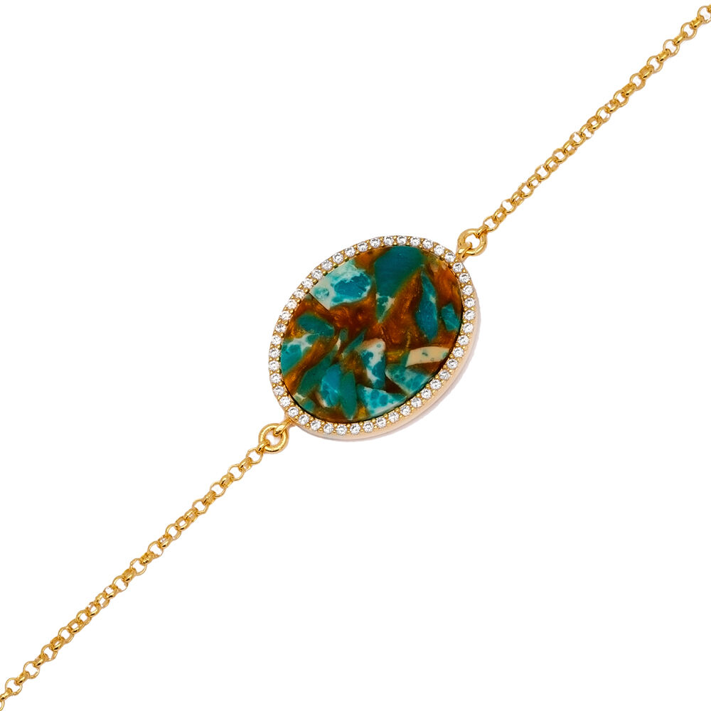 Turquoise CZ Stone Oval Design Turkish Handmade Jewelry Wholesale 925 Sterling Silver Bracelet