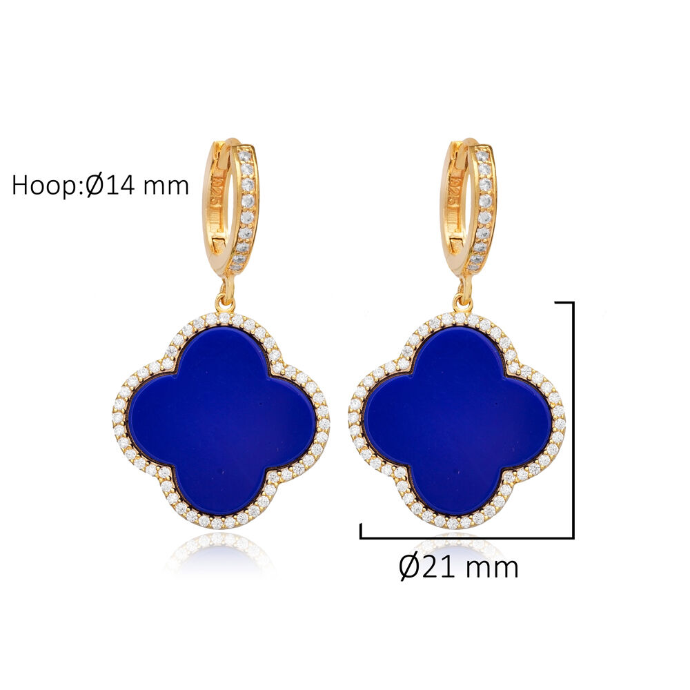 Lapis and CZ Stone Clover Shape Charm Turkish Handmade Jewelry Wholesale 925 Sterling Silver Dangle
