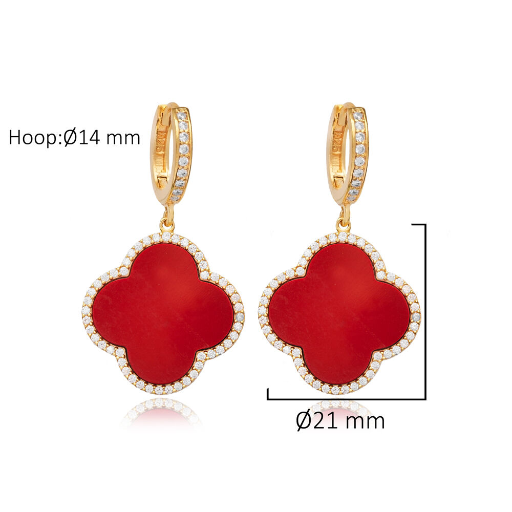 Coral and CZ Stone Clover Shape Charm Turkish Handmade Jewelry Wholesale 925 Sterling Silver Dangle Earring