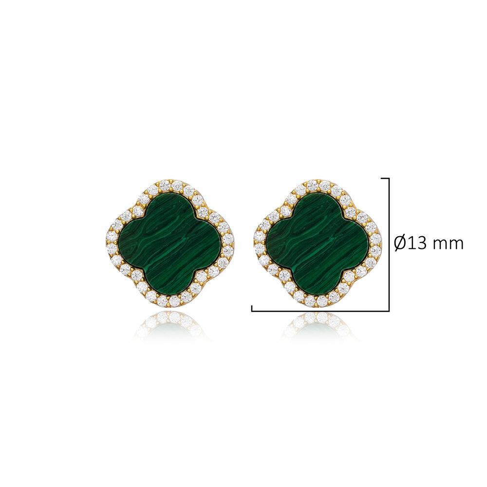 Clover Shape Charm Malachite and CZ Stone 925 Sterling Silver Stud Earrings Wholesale Turkish Handcrafted Jewelry