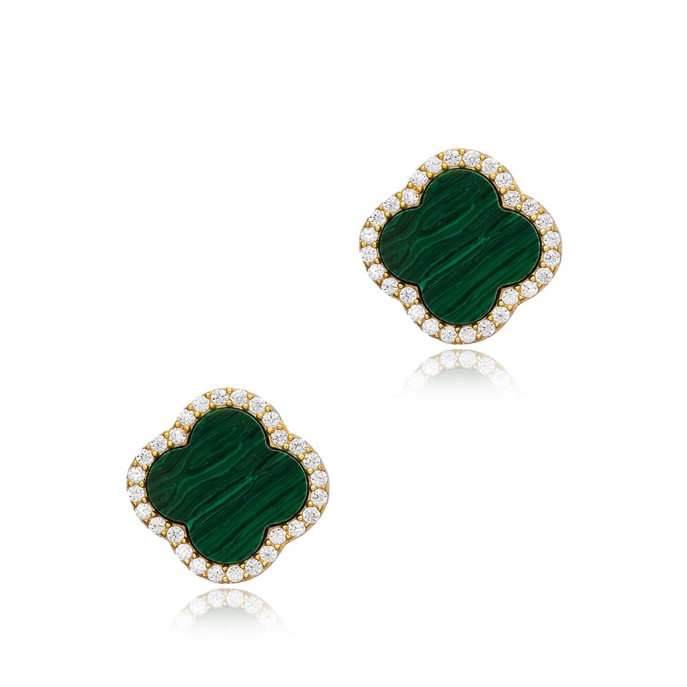 Clover Shape Charm Malachite and CZ Stone 925 Sterling Silver Stud Earrings Wholesale Turkish Handcrafted Jewelry