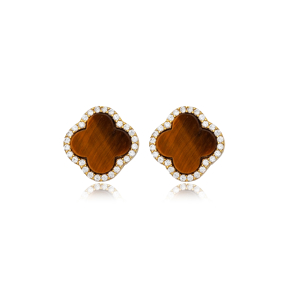 925 Sterling Silver Jewelry Clover Tiger Eye Stud Earrings