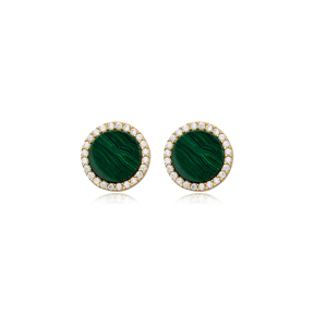 Round Shape Charm Malachite and CZ Stone 925 Sterling Silver Stud Earrings Wholesale Turkish Handcrafted Jewelry