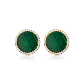 Ø15 mm Round Shape Charm Malachite CZ Stone 925 Sterling Silver Stud Earrings Jewelry Wholesale Turkish Handcrafted