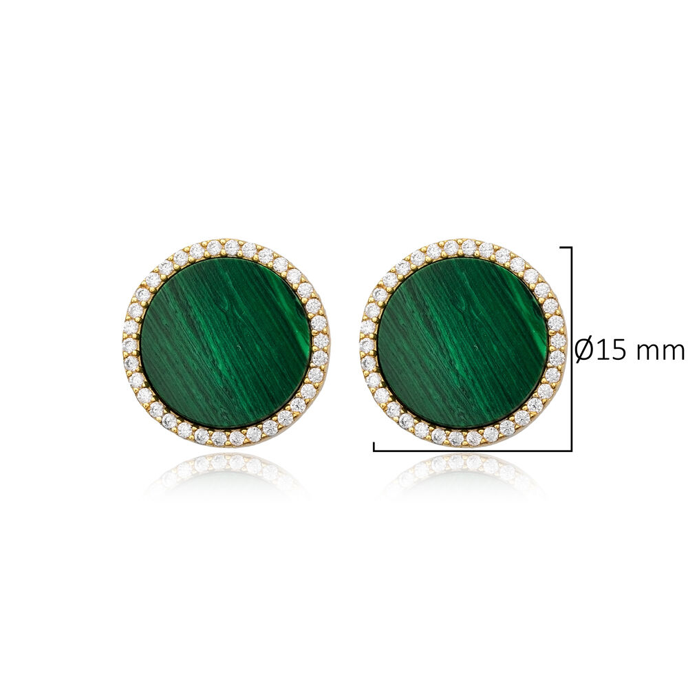 Ø15 mm Round Shape Charm Malachite CZ Stone 925 Sterling Silver Stud Earrings Jewelry Wholesale Turkish Handcrafted