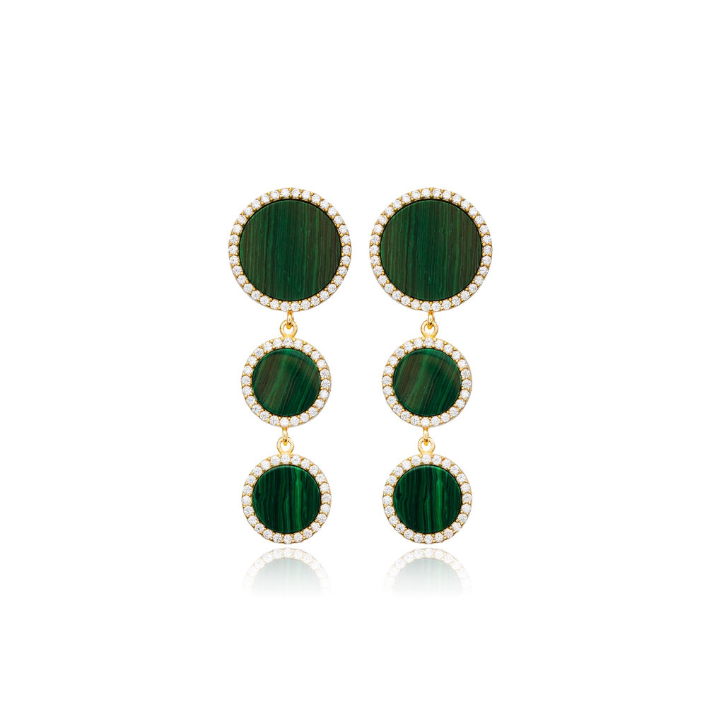 Malachite CZ Stone Trible Round Shape Long Earrings 925 Sterling Silver Handcrafted Wholesale