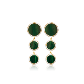 Malachite CZ Stone Trible Round Shape Long Earrings 925 Sterling Silver Handcrafted Wholesale