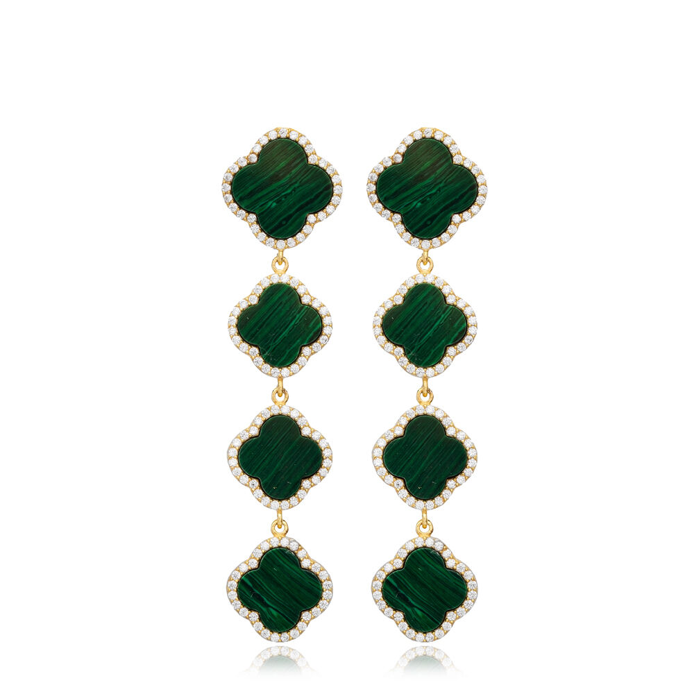 Clover Shape CZ and Malachite Stone 925 Sterling Silver Long Earring Jewelry Turkish Wholesale