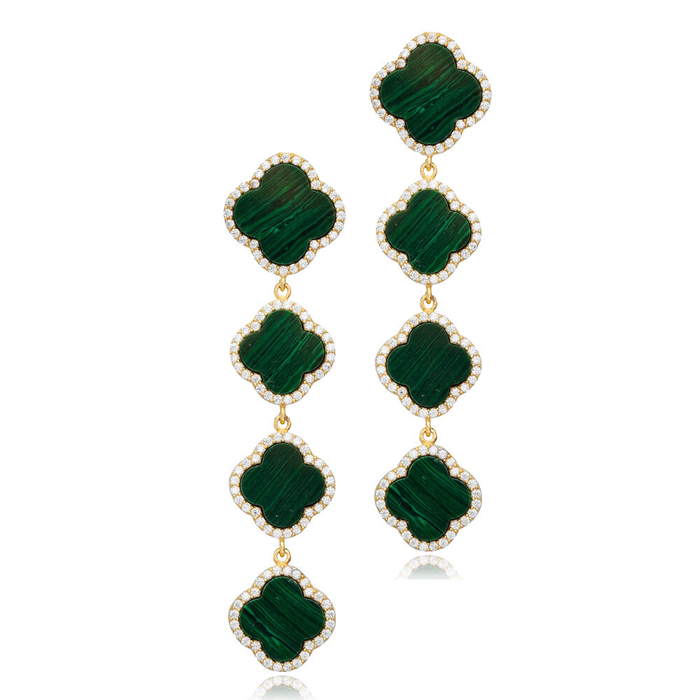 Clover Shape CZ and Malachite Stone 925 Sterling Silver Long Earring Jewelry Turkish Wholesale