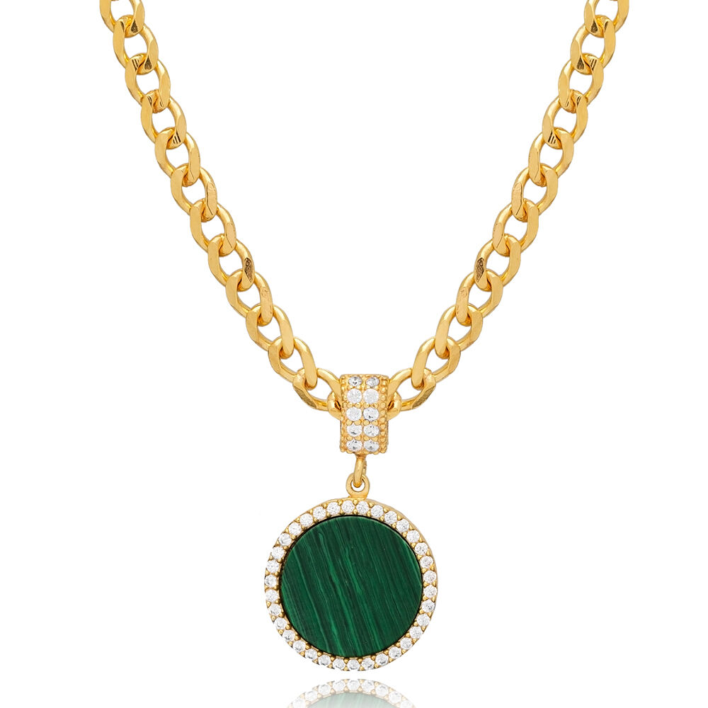 New Trend Round Shape Malachite CZ Stone Charm Necklace Turkish Wholesale 925 Sterling Silver Jewelry