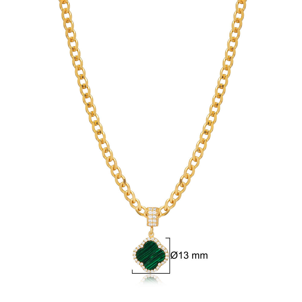 Clover Design Malachite Cz Stone 925 Sterling Silver Charm Necklace Jewelry Turkish Wholesale