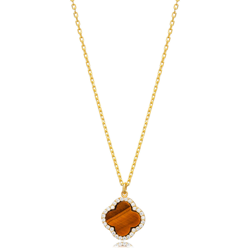 New Trend Clover Design CZ and Tiger Eye Charm Necklace Turkish Wholesale 925 Sterling Silver Jewelry