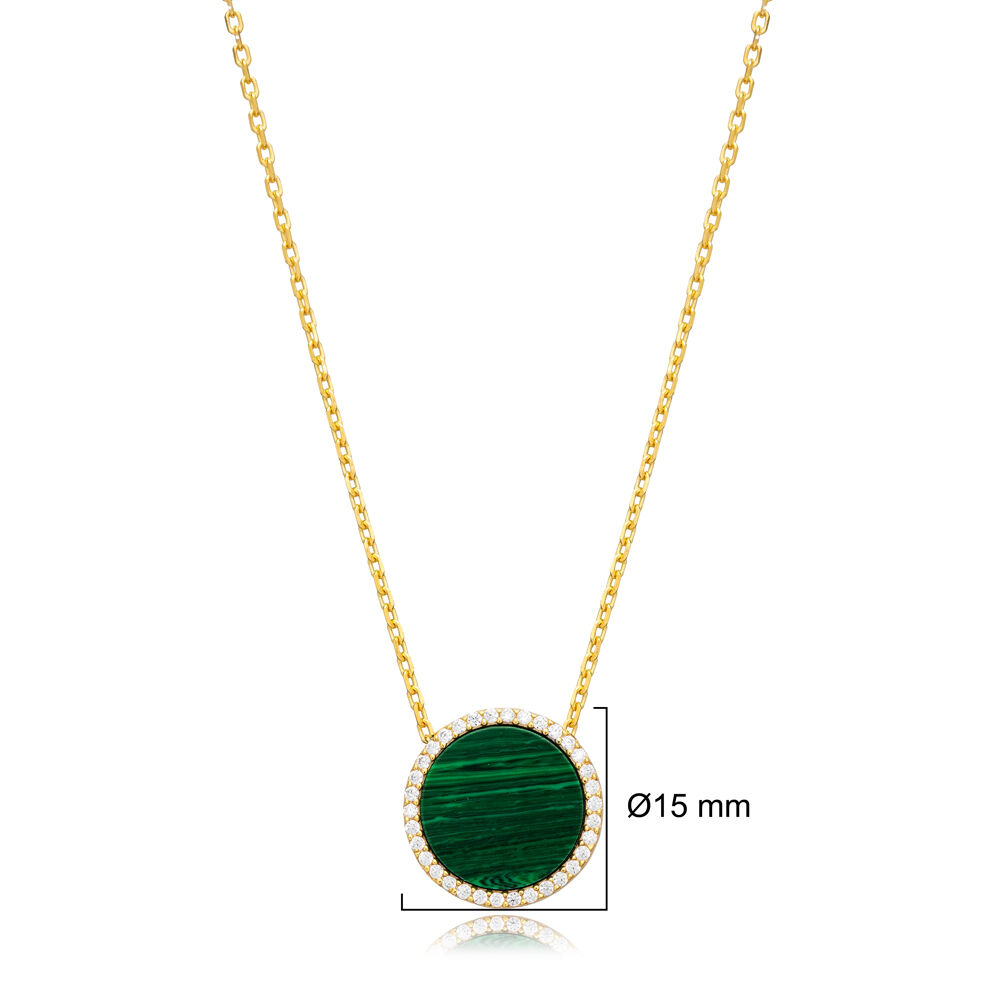 Ø15 mm Round Shape Malachite and CZ Stone 925 Sterling Silver Charm Necklace Handmade Jewelry Wholesale