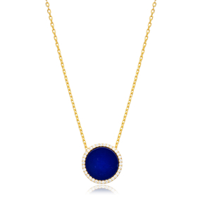 Lapis Lazuli and CZ Stone Round Design Charm Necklace Handcrafted Wholesale 925 Sterling Silver Jewelry