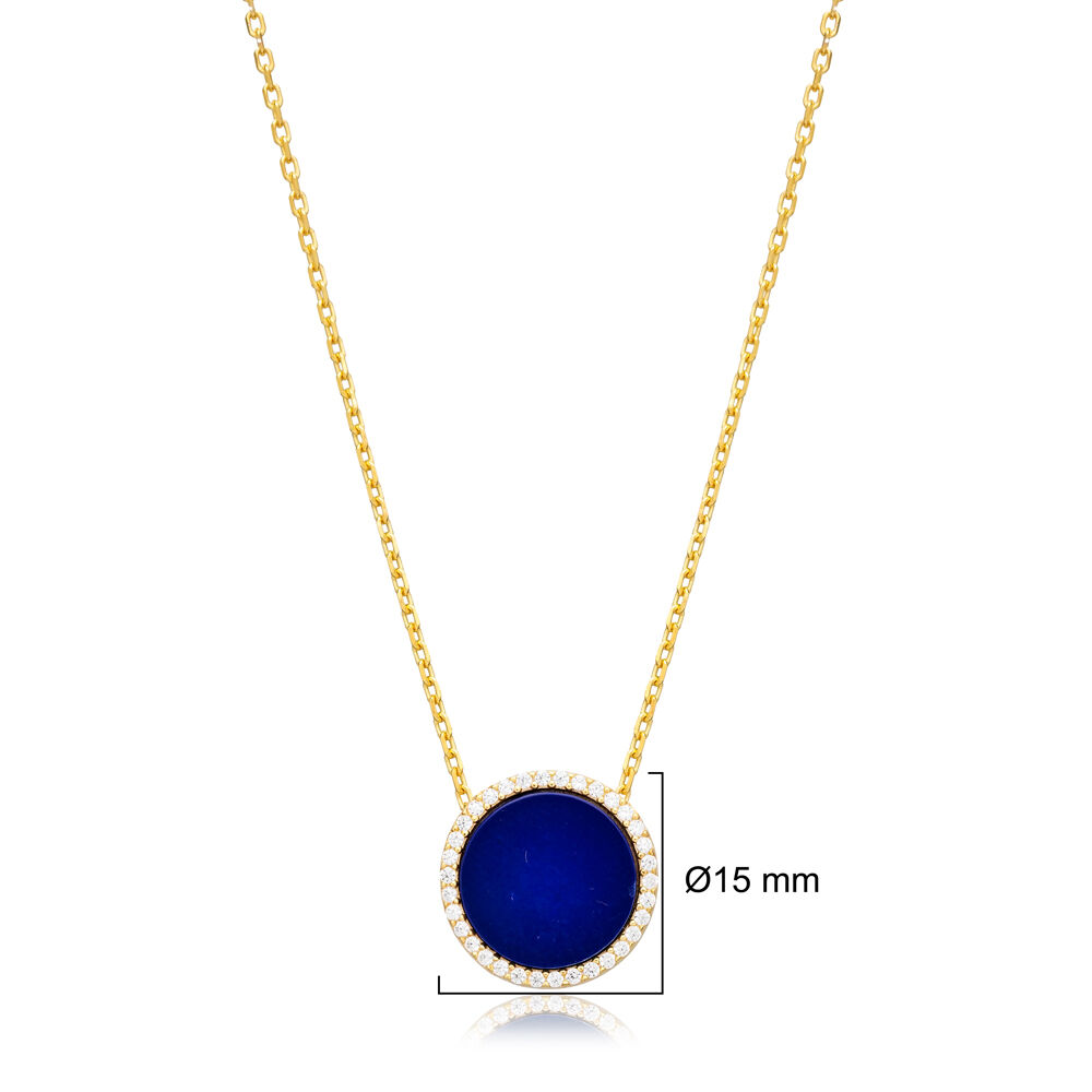 Lapis Lazuli and CZ Stone Round Design Charm Necklace Handcrafted Wholesale 925 Sterling Silver Jewelry