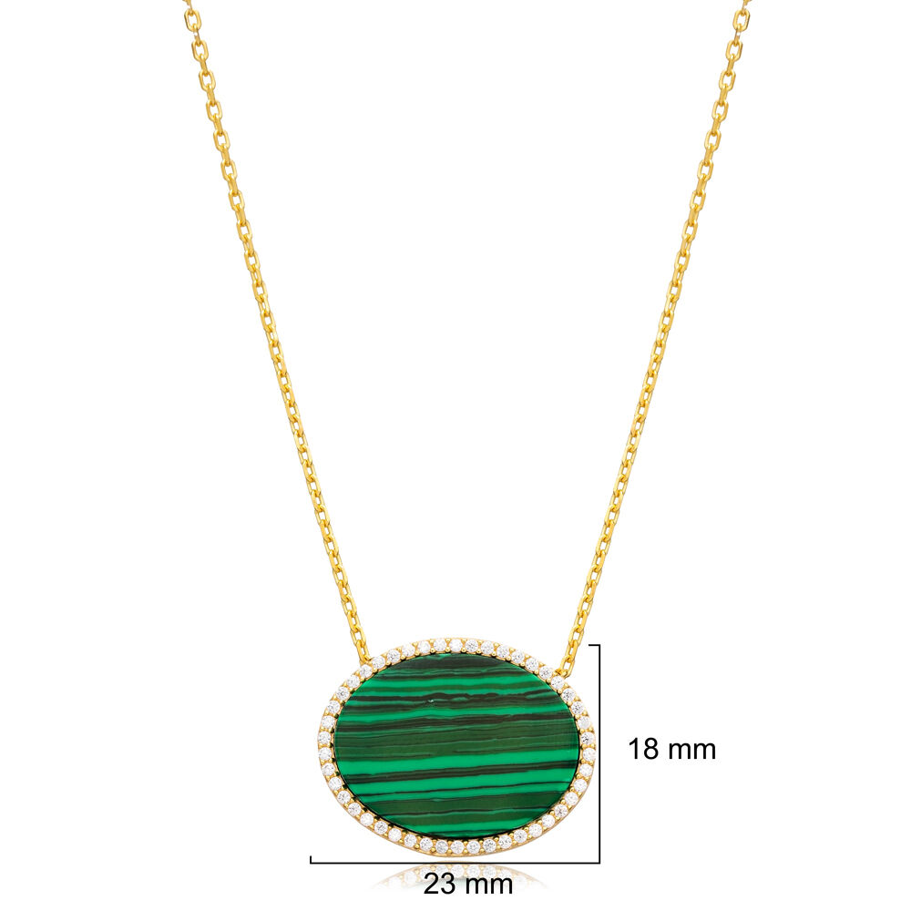 Malachite CZ Stone Oval Design Turkish Handmade Jewelry Wholesale 925 Sterling Silver Charm Necklace