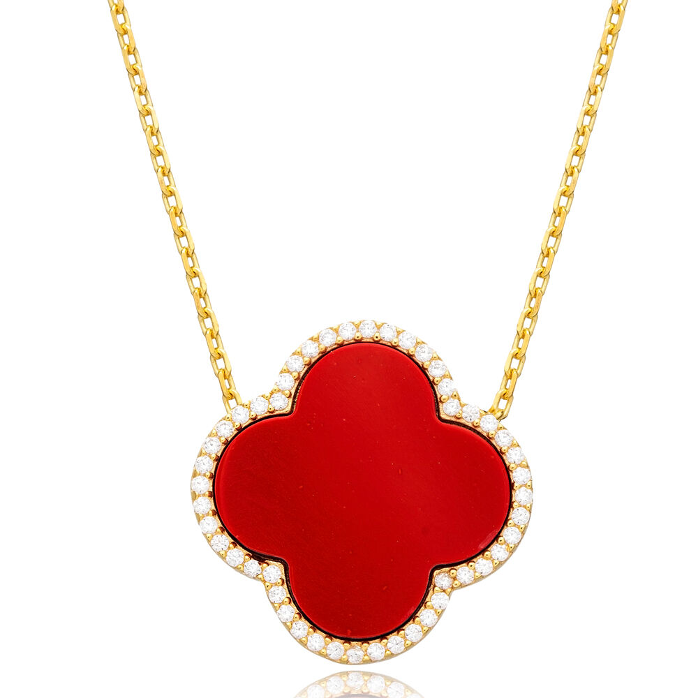 Coral and CZ Stone Clover Shape Charm NecklaceTurkish Handmade Jewelry Wholesale 925 Sterling Silver