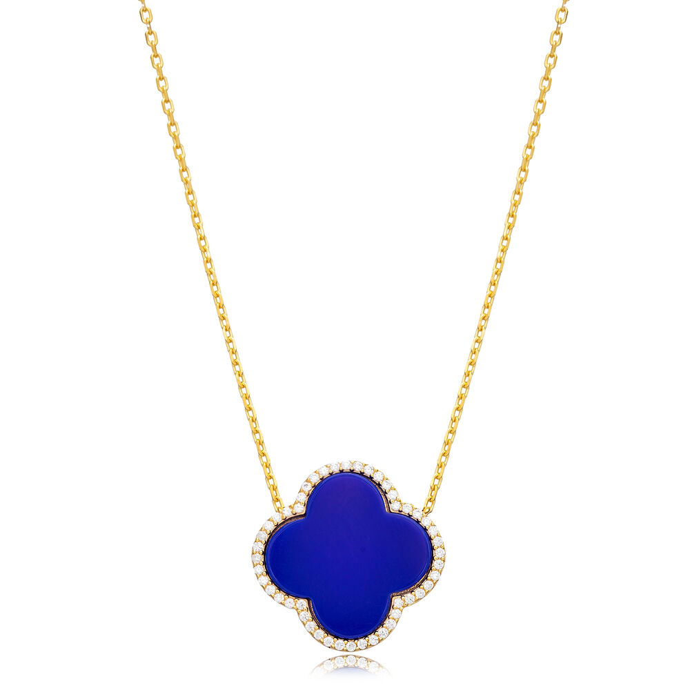 Lapis Lazuli CZ Stone Clover Charm Necklace Turkish Handmade Jewelry Wholesale 925 Sterling Silver