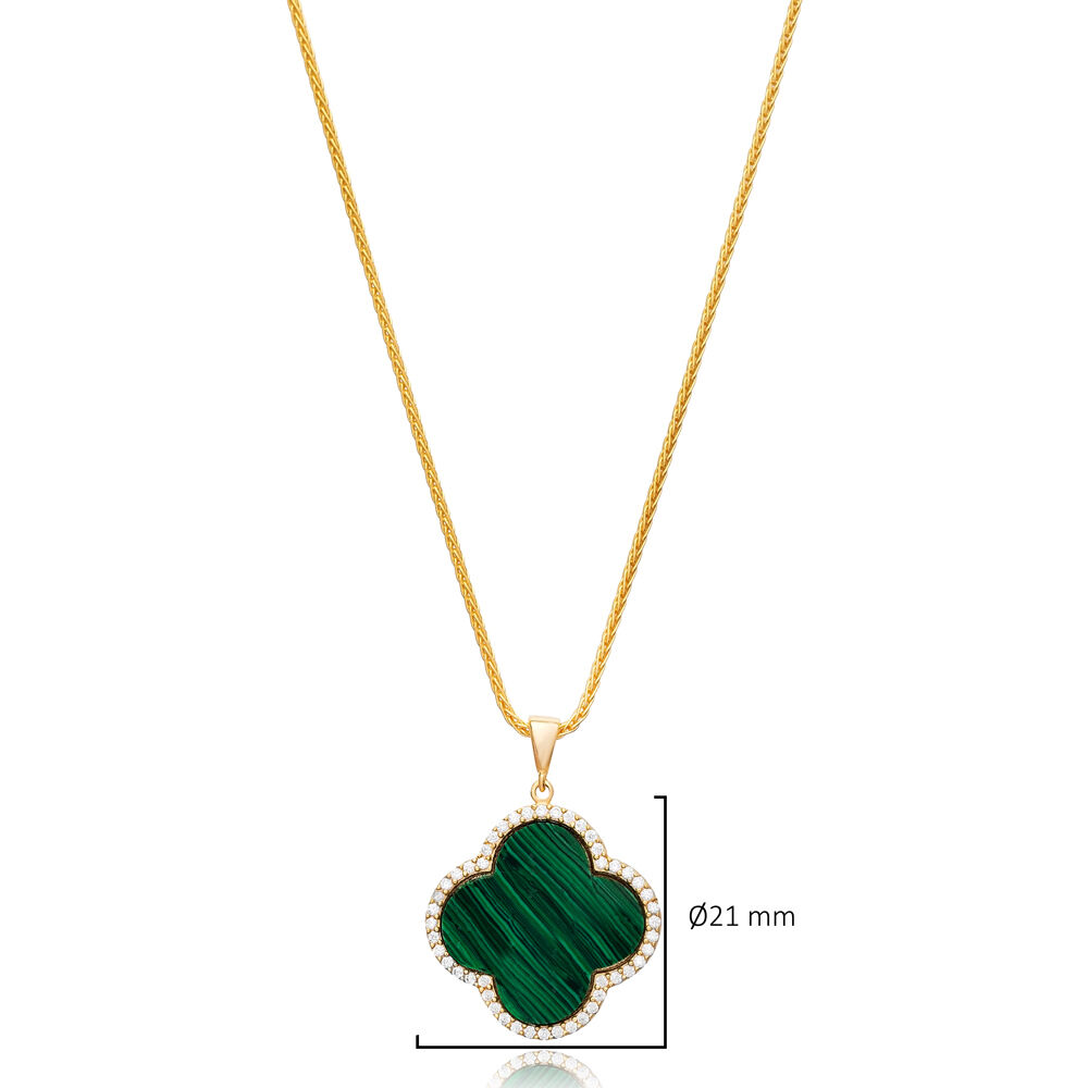 Clover Shape CZ and Malachite Stone 925 Sterling Silver Charm Necklace Jewelry Turkish Wholesale
