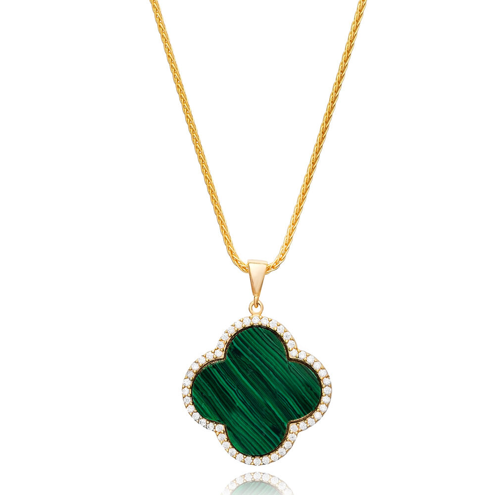 Clover Shape CZ and Malachite Stone 925 Sterling Silver Charm Necklace Jewelry Turkish Wholesale