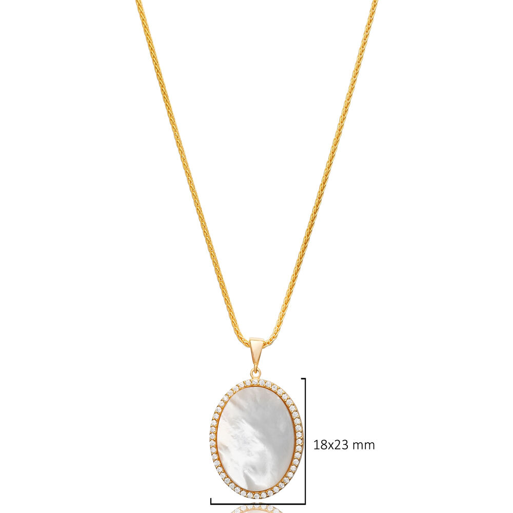 Mother of Pearl CZ Stone Oval Design Charm Necklace Handmade Wholesale 925 Sterling Silver Jewelry