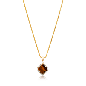 Tiger Eye CZ Stone Clover Shape Design Charm Necklace Turkish Wholesale Jewelry 925 Sterling Silver