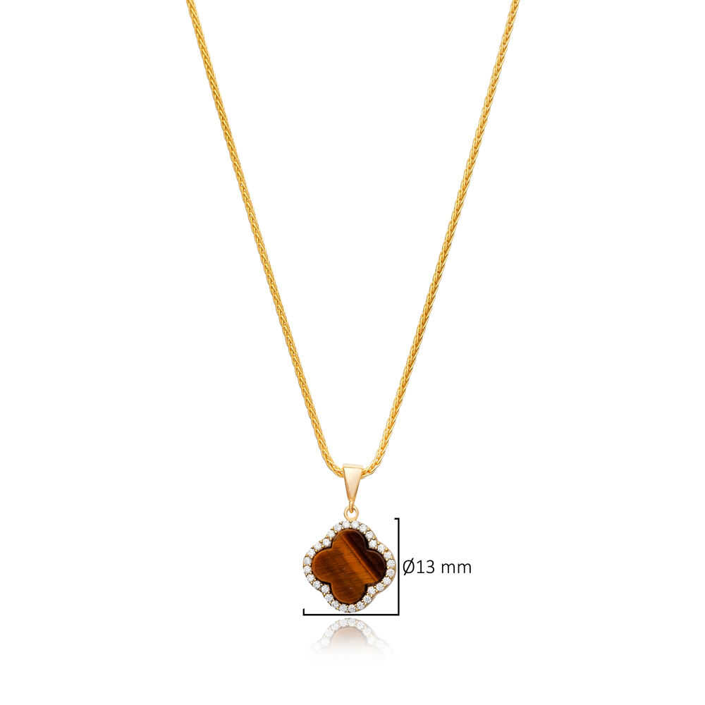 Tiger Eye CZ Stone Clover Shape Design Charm Necklace Turkish Wholesale Jewelry 925 Sterling Silver