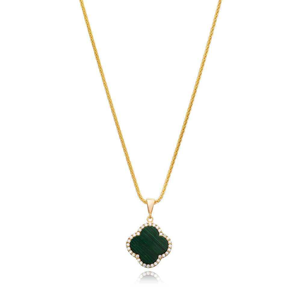 Malachite CZ Stone Clover Design Charm Necklace 925 Sterling Silver Jewelry Turkish Wholesale