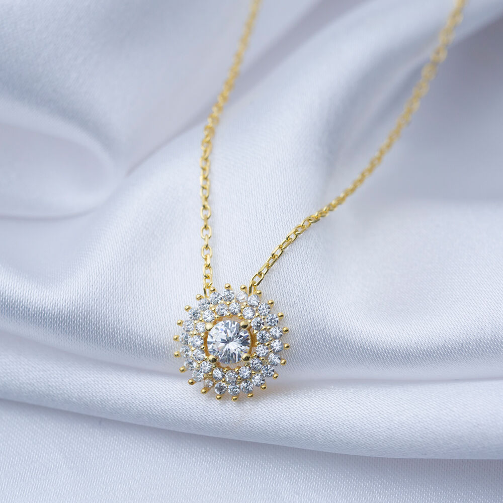 Round Shiny CZ Stone Pendant Wholesale Charm Silver Necklace