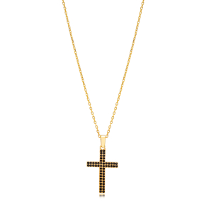 Black CZ Stone Cross Design Charm Necklace Silver Jewelry